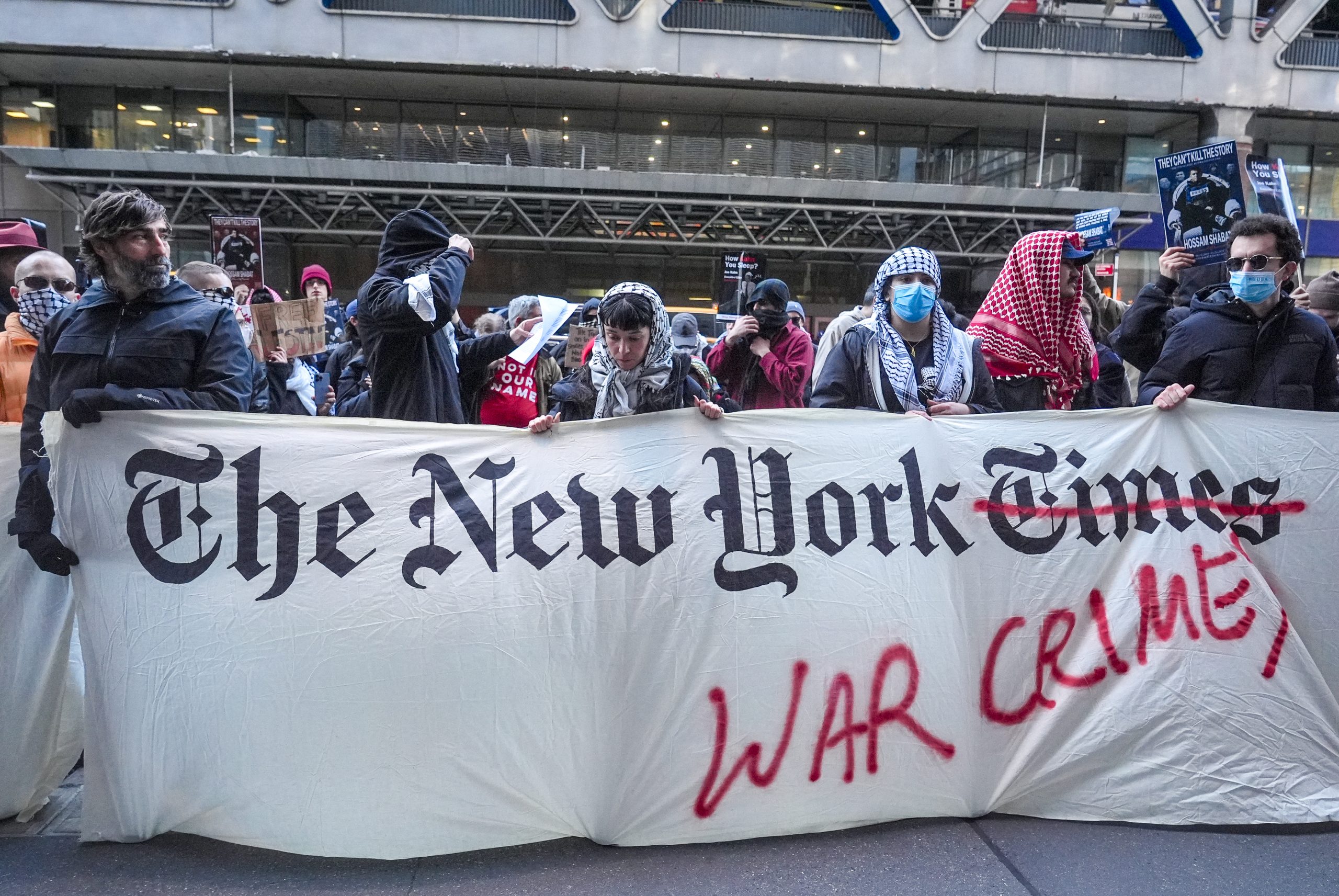 Pro-Palestinian Americans gather outside the New York Times building in protest of the violent murder of Palestinian journalist Hossam Shabbat and over 210 of his colleagues on Thursday, March 27, 2025, in New York City, United States. Photo by Selcuk Acar/Anadolu via Getty Images