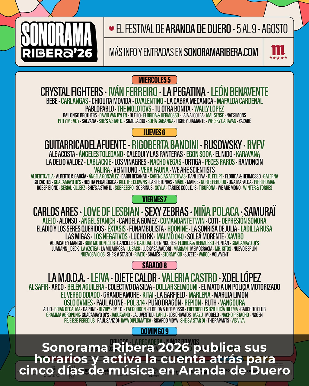 Sonorama Ribera 2026 publica sus horarios y activa la cuenta atrás para cinco días de música en Aranda de Duero